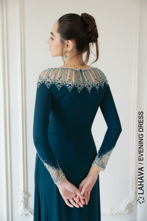 Blue long sleeves beaded evening gown